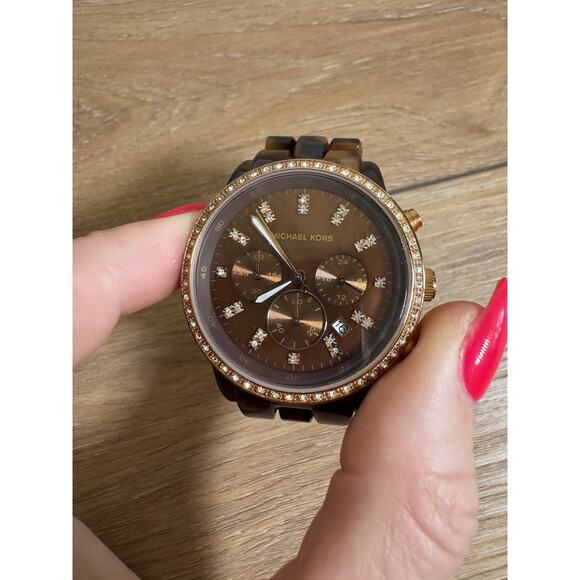 Michael Kors MK5366 Tortoise Resin Chronograph Rose Gold Women’s Watch 6.25”